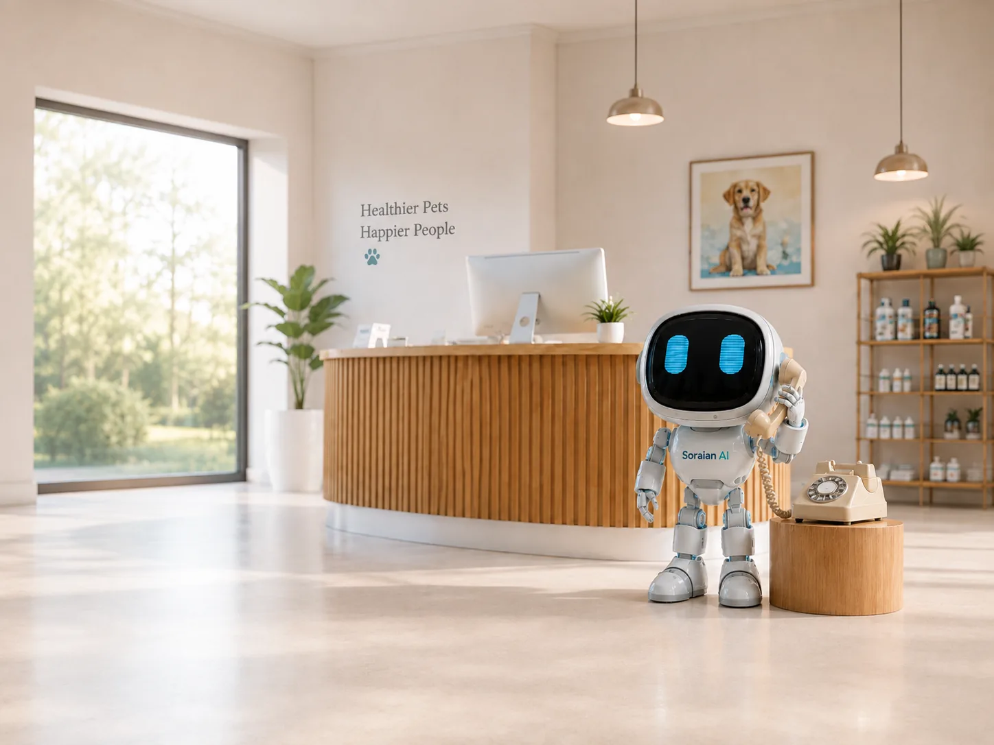 Soraian AI answering the phone at a veterinary front desk