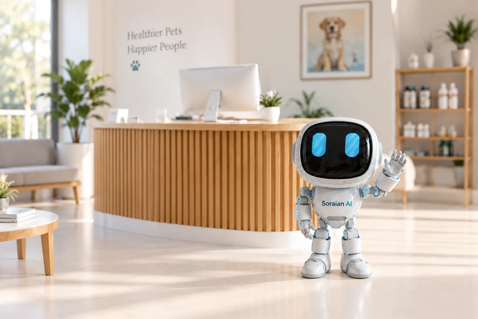 Soraian AI assistant waving in a bright veterinary reception area